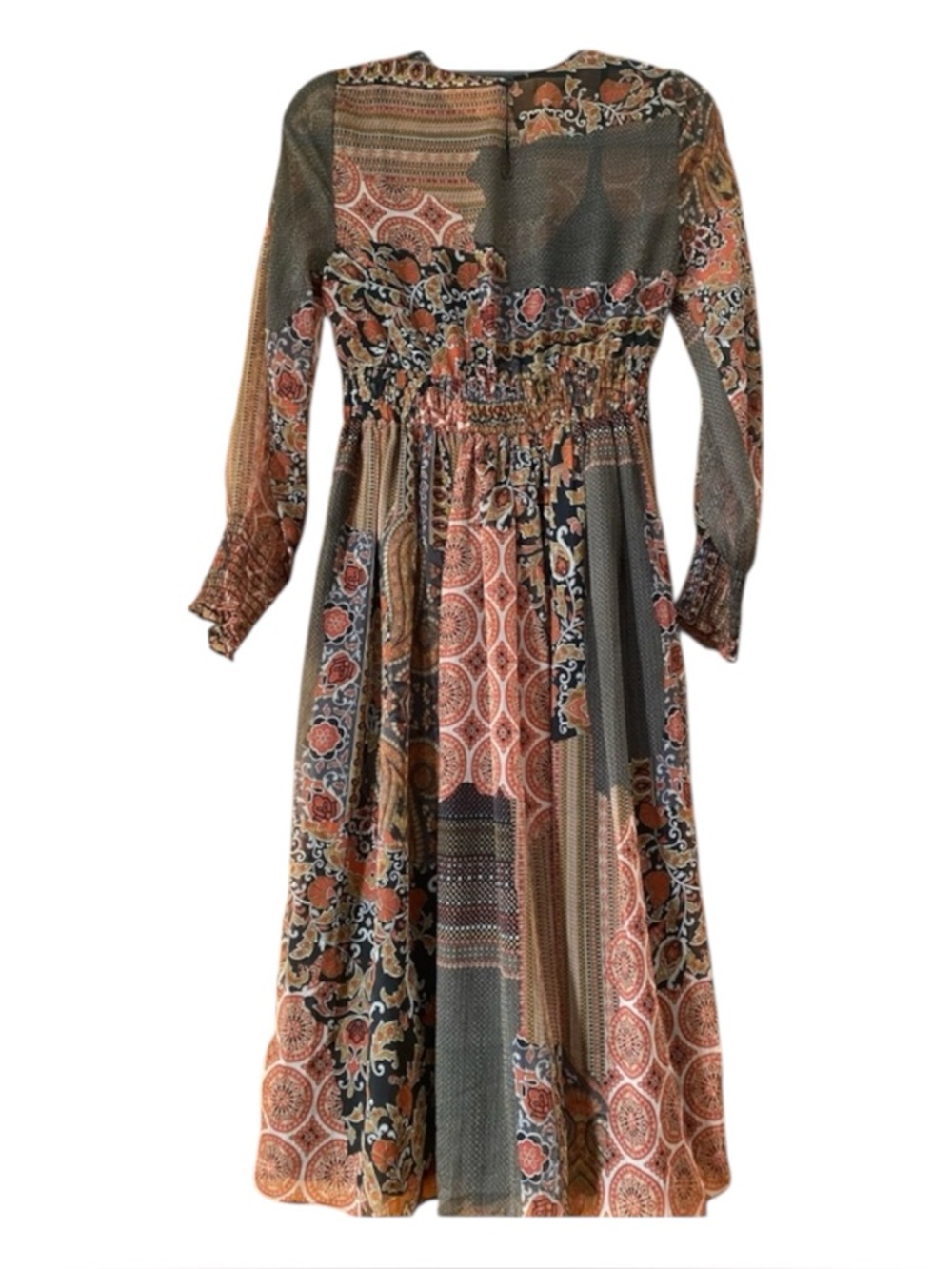 Zara Boho Patchwork Midi Dress Sheer Long Sleeve Smocked Waist Paisley M - Picture 7 of 11